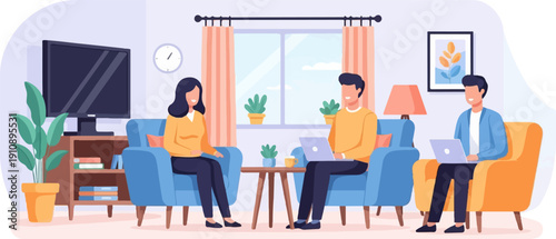 People working on laptops in a cozy living room with plants and furniture