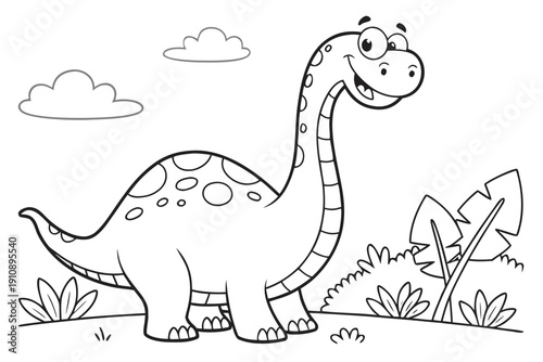 kids coloring page, dinosaurs brontosaurus, cartoonish, friendly, thick outlines, no color