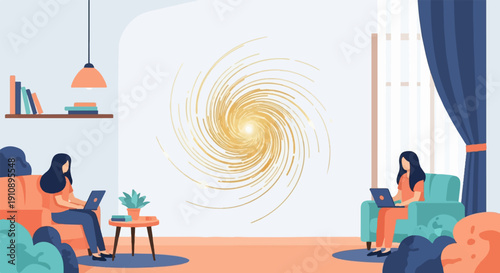 People working on laptops in a living room with abstract art