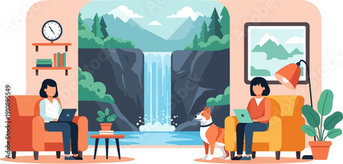 People working on laptops in a cozy room with a view of a waterfall