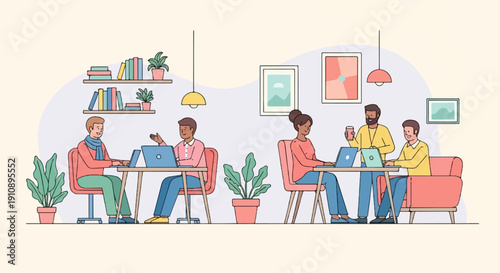 People working on laptops in a bright, modern office with plants and art