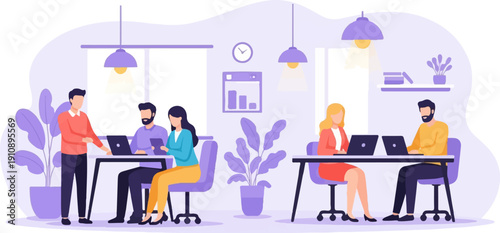 People working on laptops at desks in a modern office with plants and lamps