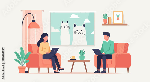 People working on laptops in a living room with cats visible through a window