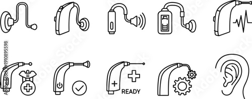 Hearing Aid and Audiology Care Line Icon Set for Deafness and Sound Assistance