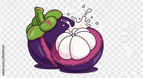 Delicious cartoon illustration of a whole and a halved juicy mangosteen fruit with splashing white nectar on transparent background