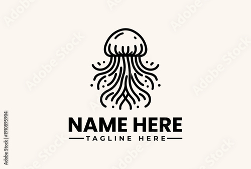 A black and white illustration of a jellyfish logo with a 'NAME HERE' text and 'TAGLINE HERE' on a beige background, featuring a vector design with an icon and pictogram elements.