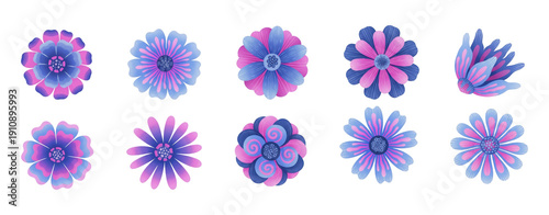 Collection of ten stylized floral elements with vibrant pink and blue radial color transitions