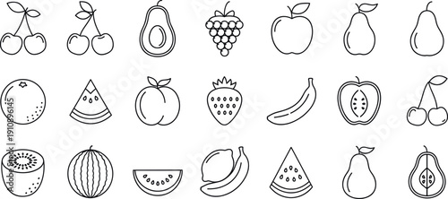 Minimal line fruit illustration collection featuring cherry, avocado, grapes, apple, pear, watermelon, banana, and kiwi
