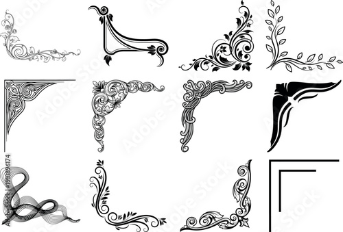 Set of ornate corner designs isolated on transparent background