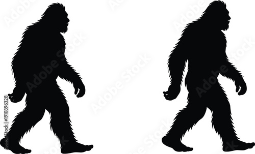 Black bigfoot sasquatch silhouette collection set walking in profile isolated on white background for mystery cryptid folklore nature wilderness and legendary monster design