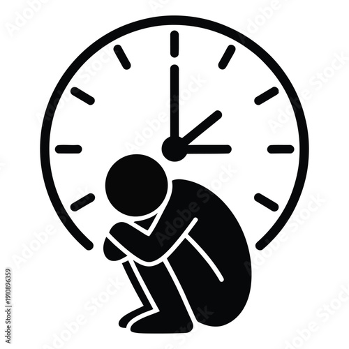 Stressed Person Sitting Under Large Clock Silhouette Illustration Representing Time Pressure, Deadline Anxiety and Mental Stress Concept