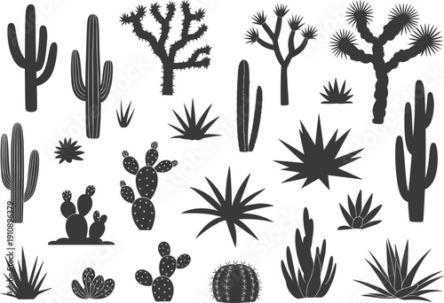 Black cactus silhouettes collection set with desert succulents agave and prickly pear isolated on white background for southwest nature garden and exotic landscape design