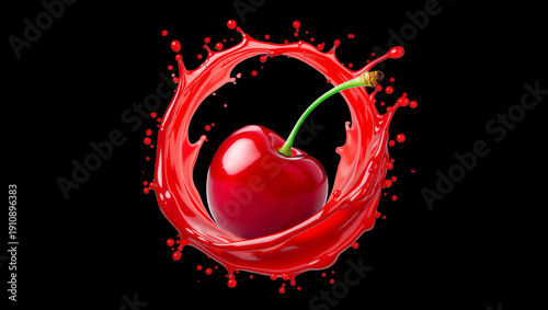 Juicy red cherry with green stem surrounded by splashing cherry juice on black background