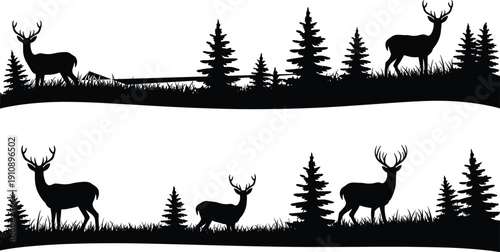 Black deer silhouette forest landscape vector with stags and pine trees isolated on white background for wildlife nature hunting and outdoors adventure design
