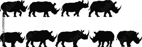 Black rhinoceros silhouette collection featuring multiple rhino poses including walking standing and charging profiles for safari wildlife design animal conservation and african nature graphics
