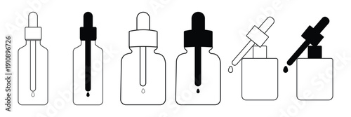 “Skincare Dropper & Pump Serum Bottle Line Icon Set for Cosmetic Packaging and Beauty Branding”