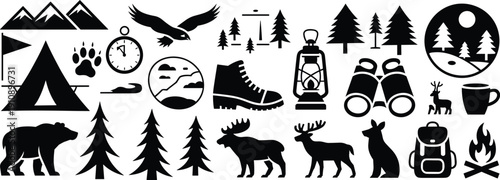 Collection of black camping icons including mountain tent campfire and forest animal silhouettes isolated on white background for outdoor adventure travel and wilderness design projects