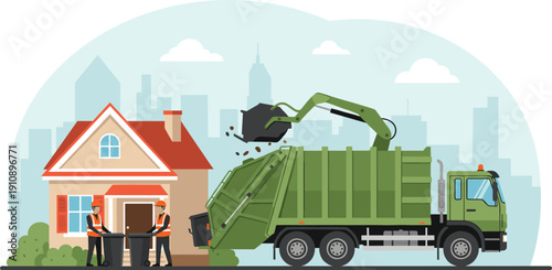Flat Vector Illustration of a Green Garbage Truck and Sanitation Workers Collecting Residential Waste in Front of a Suburban House for Municipal Service and Environmental Graphic Designs
