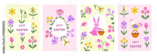 Set of four Easter greeting cards featuring geometric spring flowers, a bunny with an egg basket, and a hen in pastel colors with Happy Easter text