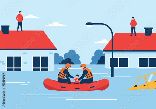Flat Vector Illustration of Flood Rescue Operations Featuring Emergency Helicopters, Rescue Boats, and First Responders Aiding Citizens in Submerged Suburban Neighborhoods