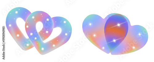 Interlocking holographic heart outlines set with prismatic star sparkles