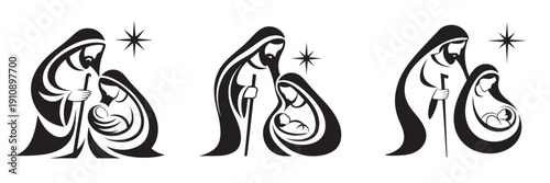 Three Stylized Nativity Scene Silhouettes with Star.