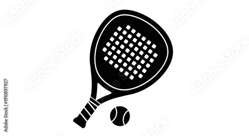 Black silhouette of a padel tennis racket with a ball on an isolated white background