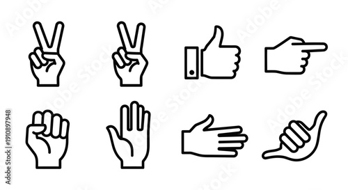Set of diverse hand gestures including peace sign, thumbs up, pointing, and call me, isolated on white background.