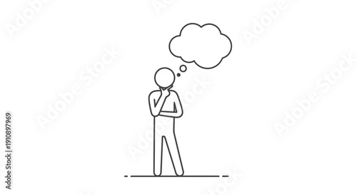 Stick figure person standing with hands on chin, contemplating with a blank thought bubble above, isolated on white background.