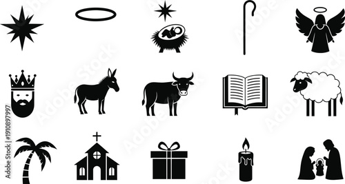 Nativity Scene Icons: Baby Jesus, Angels, Star, Animals, and Church