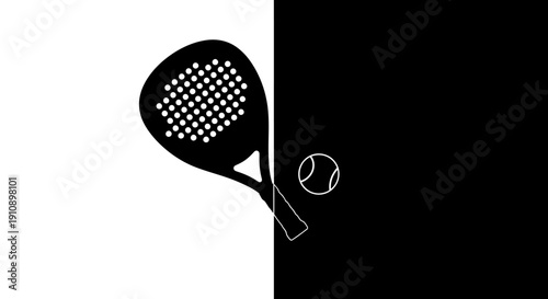 Paddle tennis racket and ball silhouette on a striking black background