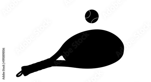 Paddle tennis racket and ball silhouette for sports game, isolated white background