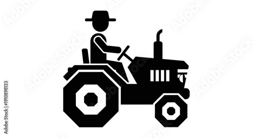 Farmer driving a classic agricultural tractor vehicle silhouette, isolated white background