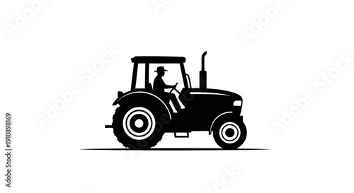 Agricultural tractor vehicle silhouette, isolated white background