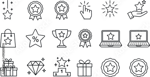 Minimal line icon collection of awards, achievements, ratings, prizes, gifts, trophies, recognition, and success symbols