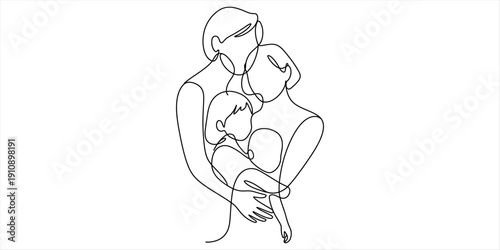 Minimalist continuous one line drawing of a happy family of four hugging together.