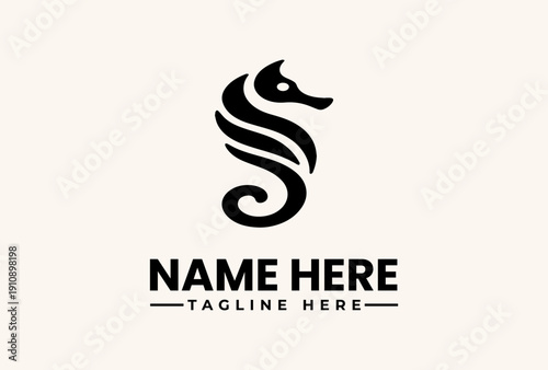 A stylized seahorse logo illustration with a placeholder name and tagline on a clean white background, featuring a vector graphic design.