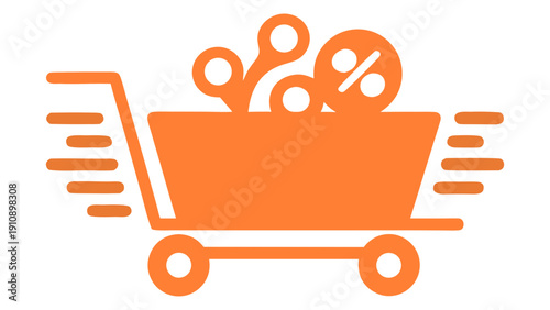 Shopping cart filled with discount symbols and percentage signs, promotional sale, e-commerce concept, vector illustration