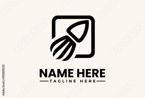 A minimalist logo design featuring a stylized leaf within a square icon on a clean white background, with space for a custom name and tagline.