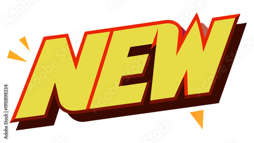 Vibrant yellow text 'NEW' with red outline and dynamic motion lines on a simple background, viewed directly