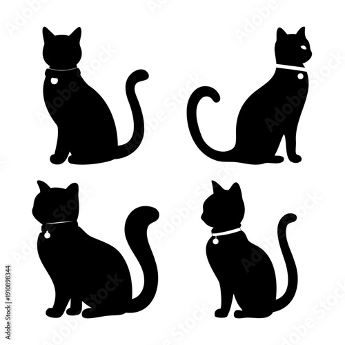 Elegant collection of black cat silhouettes sitting gracefully with white collars and tags