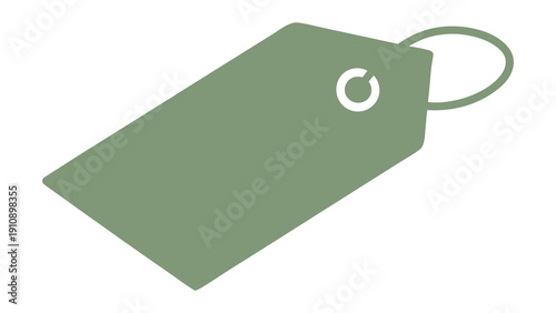 A green tag with a hole and loop, symbolizing marketings, on a clean background, viewed from directly above, representing a simple icon