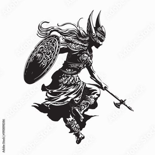 Tall strong Viking warrior woman in barbarian costume holding bearded axe vector