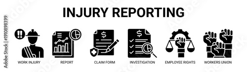 Injury Reporting web banner icon vector illustration concept with icon of work injury, report, claim form, investigation, employee rights, and workers union.