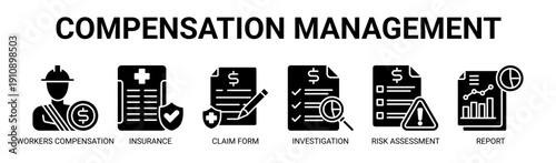 Compensation Management web banner icon vector illustration concept with icon of workers compensation, insurance, claim form, investigation, risk assessment, and report.