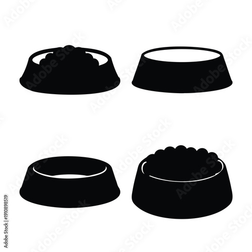 Set of four silhouette icons showing empty and full pet food bowls for feeding animals