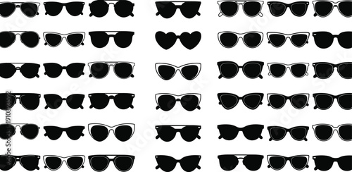 Large collection of sunglasses silhouettes set black eyewear fashion icons isolated vector illustration bundle modern trendy styles