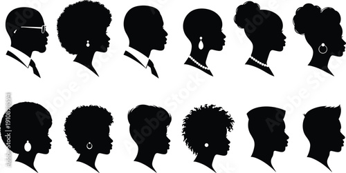 African American profile silhouettes set featuring diverse men and women hairstyles earrings and accessories isolated on white background for identity diversity concept illustration