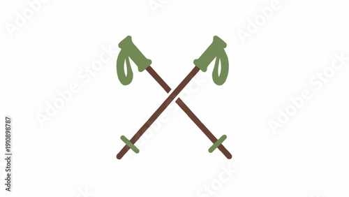 Two crossed trekking poles with green handles.