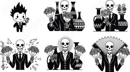 Skeleton character holding flower bouquets gothic vector illustration set spooky romantic skull art black white collection